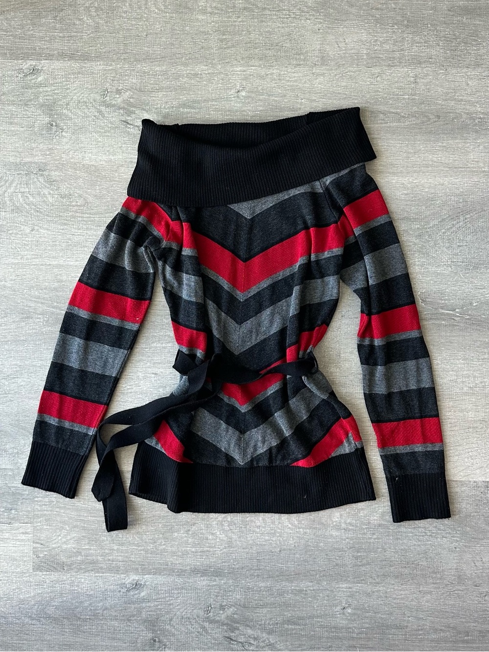 Women’s Off-Shoulder Striped Belted Sweater - Black, Red & Gray with waist tie
